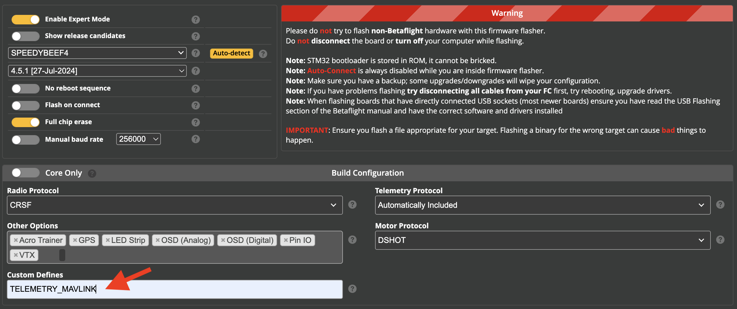 Betaflight Configurator - Firmware Flasher tab
